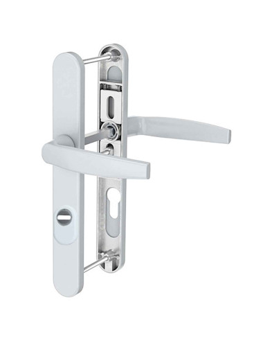 klamka Medos Victory 92 mm RAL 9016 biała z szyldem antywłamaniowym