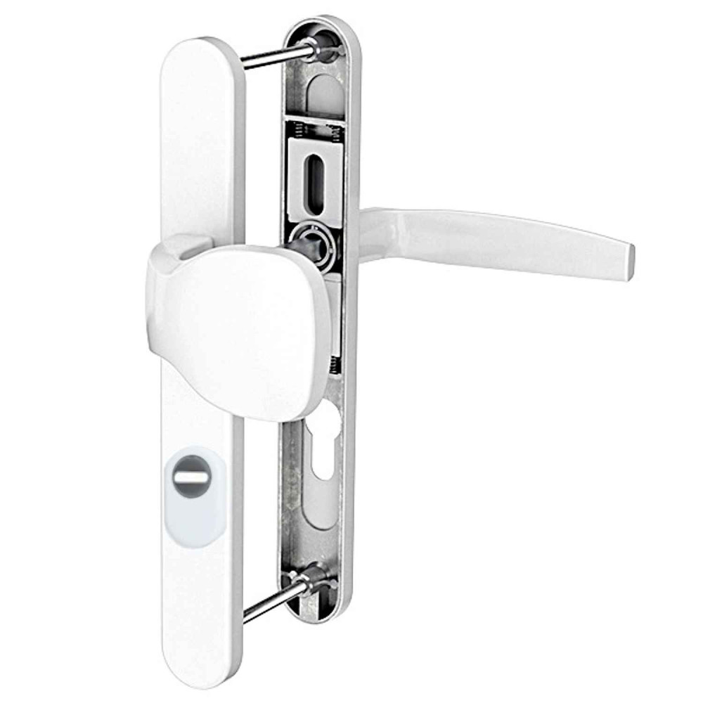 klamko - pochwyt Medos Victory 92 mm RAL 9016 biały z szyldem antywłamaniowym