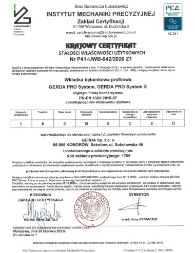 wkładka Gerda Pro System X certyfikat